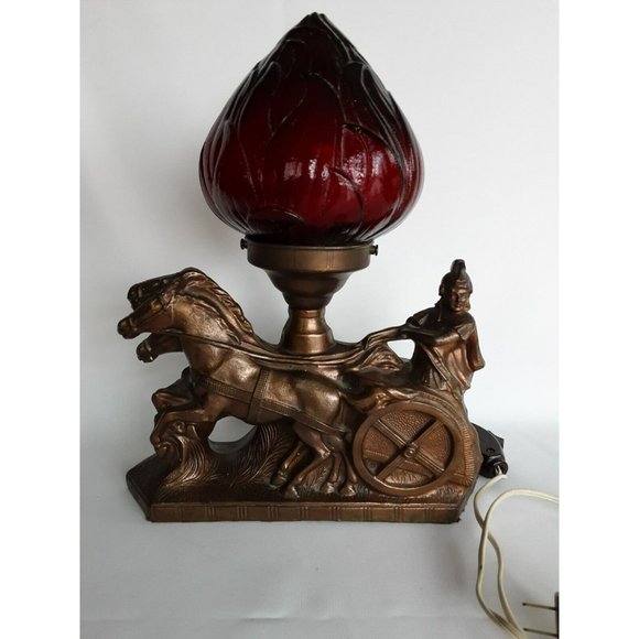 RARE Vtg Roman Gladiator Chariot Lamp Brown Patina Cast Iron Red Shade chip - Picture 1 of 12